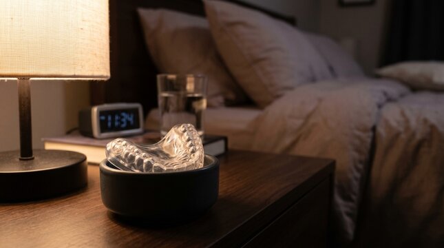 Night mouth guard for teeth grinding and bruxism relief on a bedside table in a cozy bedroom atmosphere.	