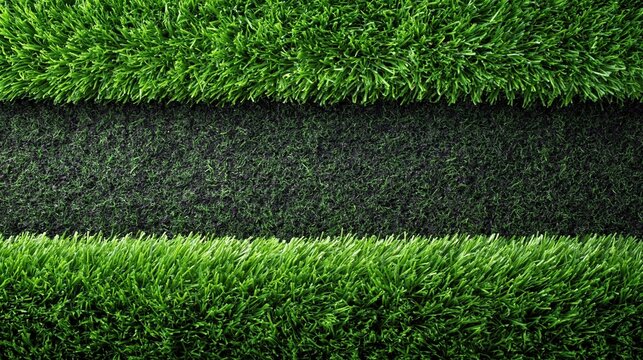 Close up abstract of vibrant green artificial turf with dark textured strip for copy space