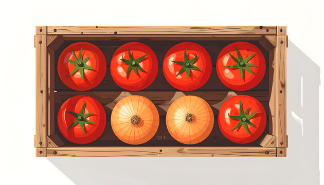 Wooden crate top view with red tomatoes and orange onions inside simple shapes on white background capturing vegetable patch bounty generative AI