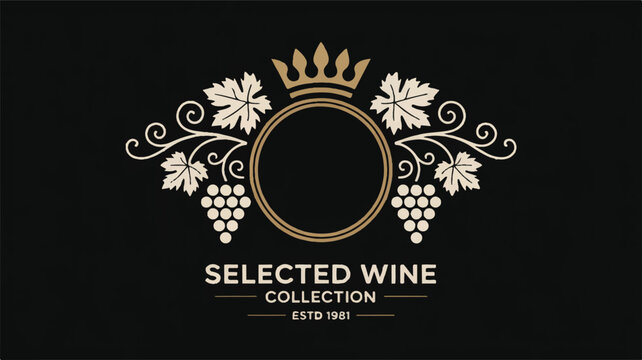 Elegant circular wine logo with grapes and crown, perfect for a premium collection establishment