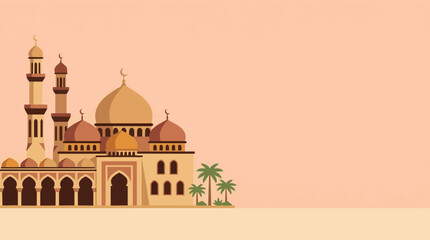 Elegant Islamic mosque vector illustration with golden domes, tall minarets and palm trees on pastel background, inspired by Middle Eastern architecture and Ramadan themes. © AbdulRehman