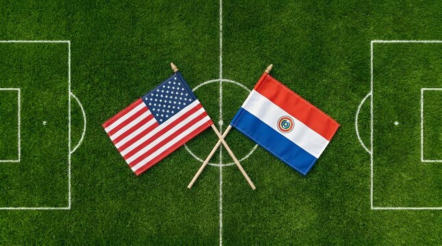 USA vs Paraguay Soccer Match with National Flags on Green Grass Pitch