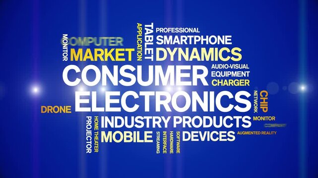 Consumer Electronics animated word cloud-gross domestic product animation tag kinetic typography seamless loop.