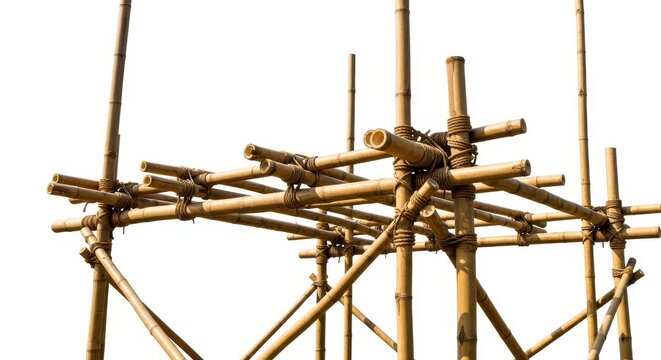 Bamboo scaffolding frame on construction site against sky