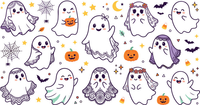Cute Halloween Bride Ghost Sticker Vector Set with Lace Veils Floral Crowns Pumpkins Bats and Stars for Festive Holiday Designs