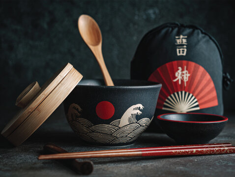 Japanese Bamboo Bento Box With Chopsticks And Bowls For Asian Cuisine Concepts