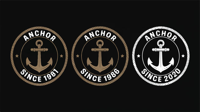 A trio of circular emblems featuring a stylized anchor and text indicating the year of establishment, presented in navy, gold, and white