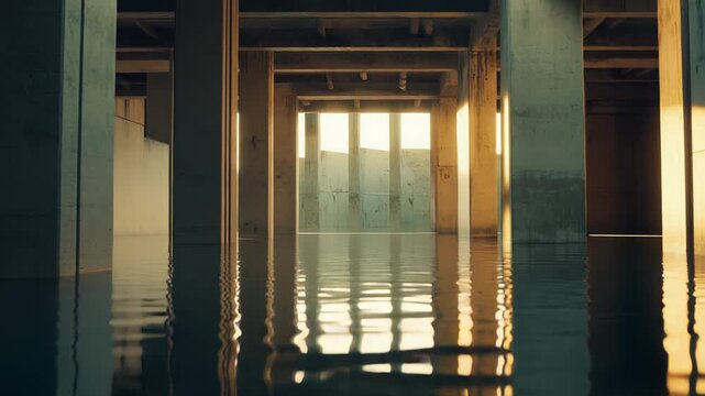 Concrete pillars standing in calm water with sunlight reflecting off the surface, creating a surreal and eerie liminal space within the brutalist architecture