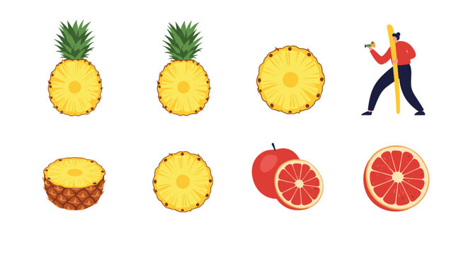 Collection of tropical fruit illustrations featuring sliced pineapple, grapefruit, and apple alongside a character drawing with a giant pencil.