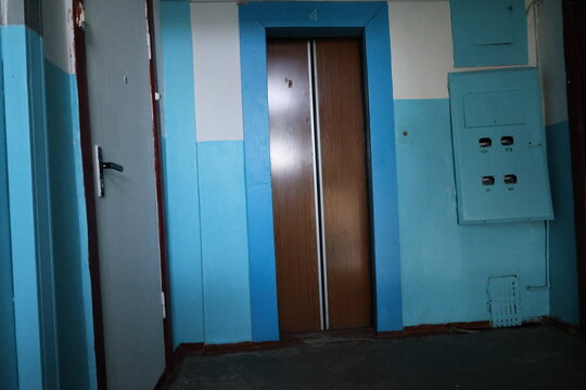 Elevator blue walls. Elevator view staircase.entrance hall inside an old nine-story building High quality 4k footage