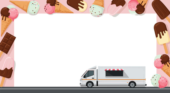 Decorative frame border featuring various ice cream treats like cones, popsicles, and chocolate bars with a delivery truck on a pink background.