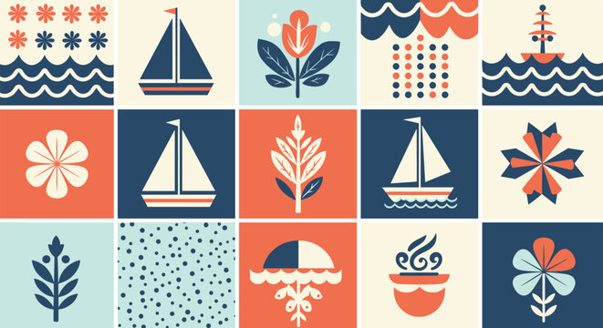 Retro style grid pattern composed of nautical symbols like sailboats and waves mixed with floral and geometric motifs in a warm color palette.