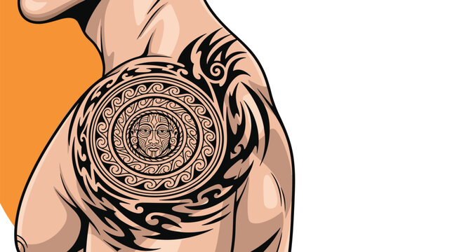 Detailed tribal tattoo design on a mans shoulder and upper back featuring circular Maori motifs and a central face symbol.