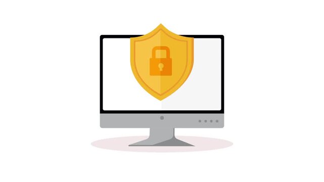 Data protection animation featuring shield icon with padlock on computer screen against white background.