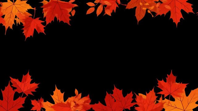 Autumn leaves in warm colors create a frame on a solid black background