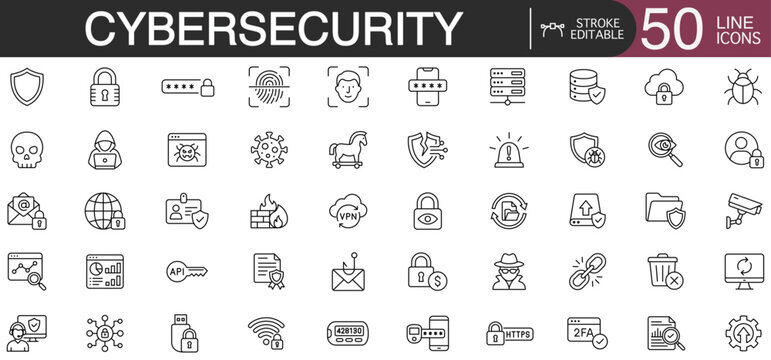 Cybersecurity security icon line vector outline network privacy collection featuring editable symbols for internet protection, encryption, firewall, password, malware, tunneling, cloud safety