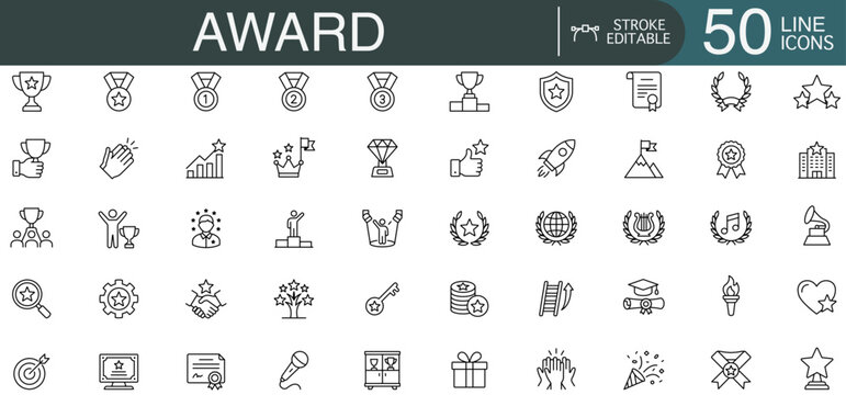 Award icon trophy medal badge certificate laurel winner outline line symbol collection for achievement prize competition education business web app infographic design