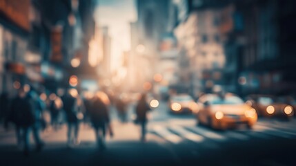 Obraz premium Blurred urban street scene with people walking and yellow taxis in motion at dusk