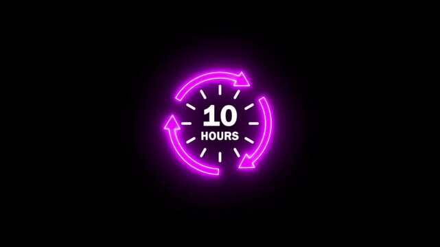 A bright neon purple circular arrow clock face displaying the number ten and the word hours on a black background.