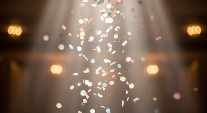 Confetti falls from the ceiling in a dark theater with spotlights shining