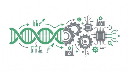 Obraz premium Futuristic conceptual 2D vector illustration combining biotechnology, DNA, and electronic circuits.