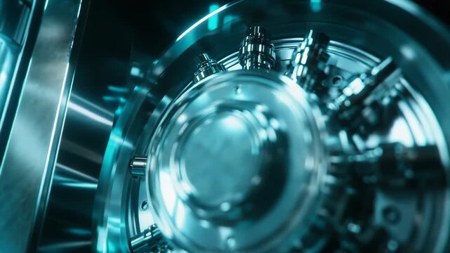 Metallic vault door securing wealth and valuable data with advanced protection, featuring intricate mechanisms and glowing blue light in a futuristic setting