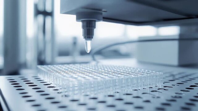 Laboratory automation system precisely dispensing liquid samples into a multi well plate, advancing medical research, scientific development, and biochemical analysis in a modern facility