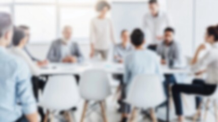 Fototapeta premium Diverse business professionals engaged in a modern office meeting, discussing strategy and collaborating around a conference table with a leader presenting.