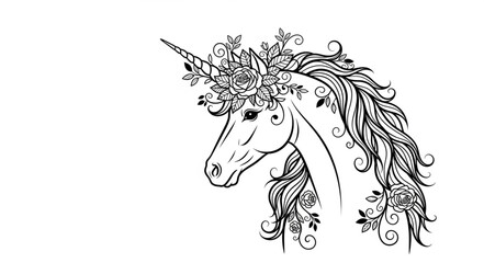 Elegant unicorn head adorned with intricate floral crown and mane details. © Fahmii