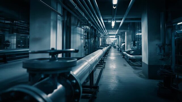 Industrial pipeline system featuring a large valve and bolted flanges, conveying essential fluids and resources through a long, illuminated factory hallway, establishing vital infrastructure