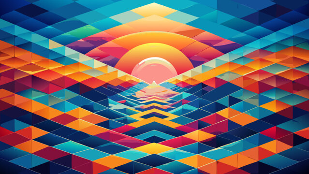 Geometric sunset, abstract background, colorful mosaic, digital art