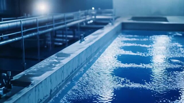 Industrial facility using large concrete tanks and various piping systems for the advanced purification and cleaning of water, ensuring environmental sustainability and wastewater management