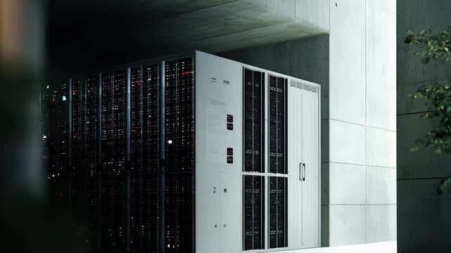 Server racks stand in a modern concrete data center room, blending advanced technology with natural green plants, symbolizing a sustainable and futuristic approach to computing infrastructure