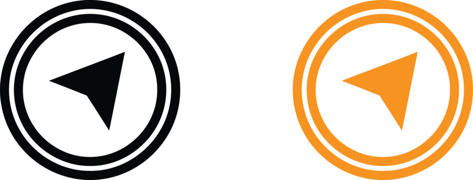Black and orange navigation arrow icons in circular frames for map location direction and user interface design Vector