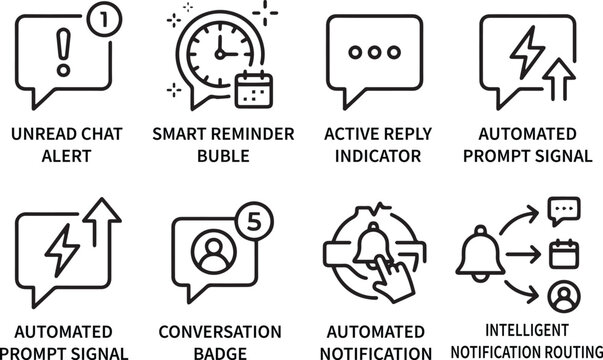 Minimalist chat notification line icons, set of 8 automated prompt and smart reminder symbols, black outline communication badges for UI design