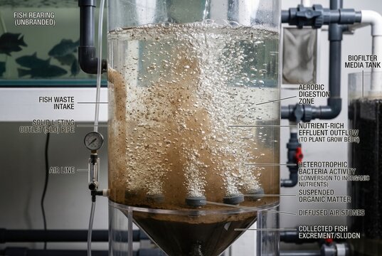Close up view of a bubbling biofiltration tank in an aquaponics setup