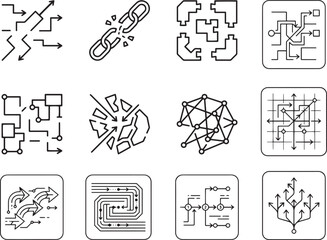 Minimalist technology line icons set, 12 abstract digital connectivity and data flow symbols, modern linear network and infrastructure vector graphics © Yonus Mia