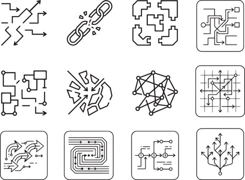 Minimalist technology line icons set, 12 abstract digital connectivity and data flow symbols, modern linear network and infrastructure vector graphics