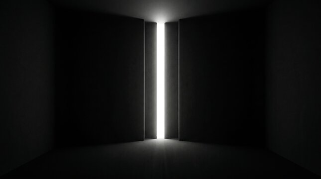 Dramatic light beams emerging from dark threshold into pitch black room with threshold contrast brilliance dramatic