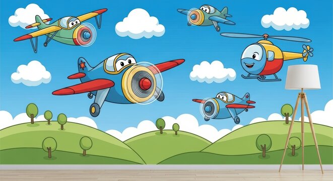 Cartoon Style Flying Planes and Helicopters in a Bright Blue Sky with Clouds and Green Hills