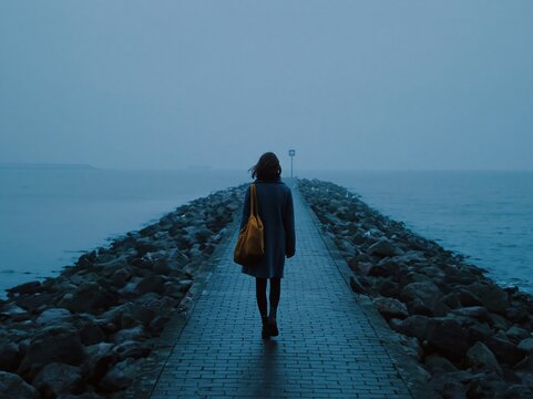 Woman walks alone on a stone pier towards the ocean on a moody, overcast day