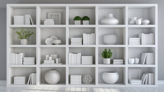 Neatly organized white shelving unit filled with books, vases, and decorative objects in a modern interior