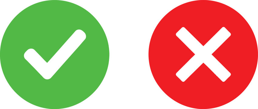 Green check mark and red cross mark icons for correct and incorrect selection or validation design elements Vector