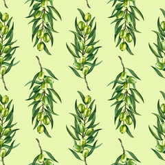 Fototapeta premium Seamless pattern with olive branches and green fruits and leaves. Hand-drawn watercolor illustration. On a green background. For textiles, labels and prints, decor, wallpaper, packaging, and more.