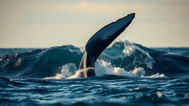A whale tail emerging from the ocean with great force and water spray.