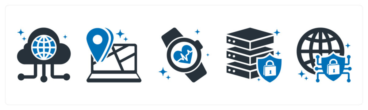 A set of 5 mix icons as cloud network, digital location, smart watch