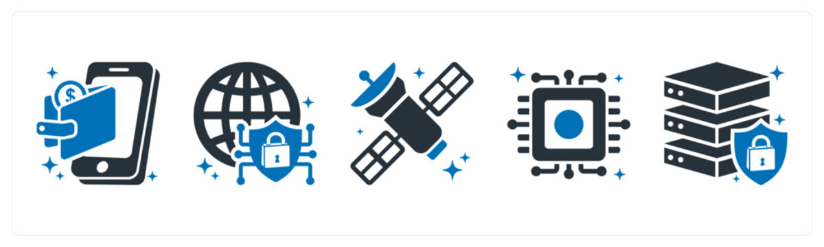 A set of 5 mix icons as nfc technology, secure connection, satellite