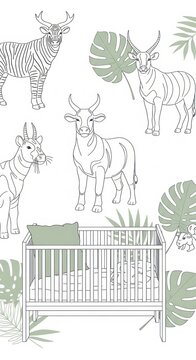Minimalist Baby Nursery Wall Decor with Line Art Animals and Tropical Leaves