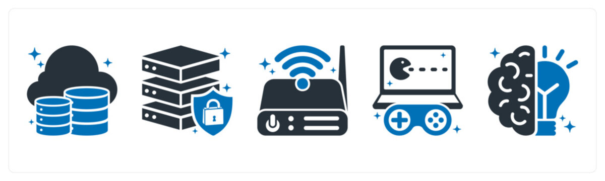 A set of 5 mix icons as data center, secure server, router