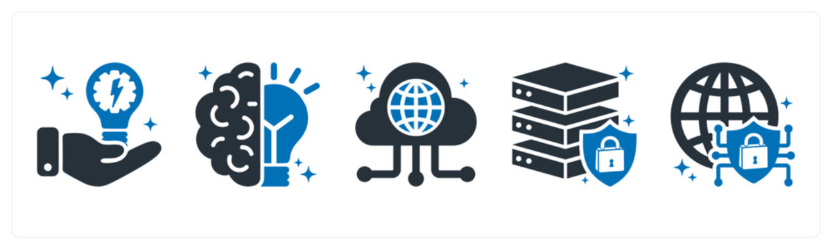 A set of 5 mix icons as energy efficiency, machine learning, cloud network